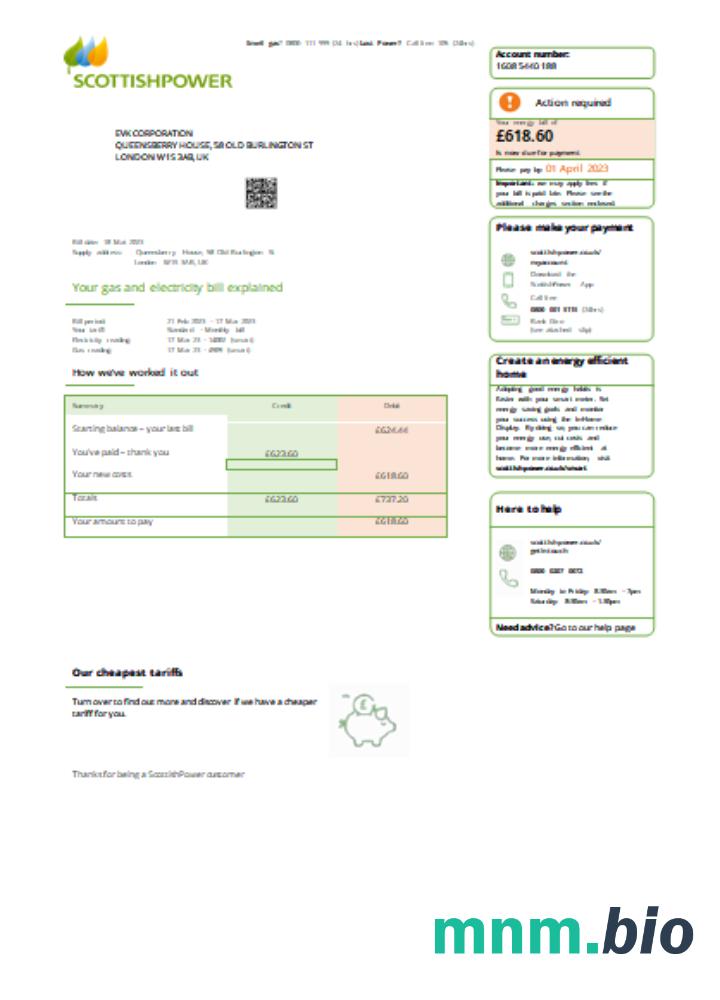 Scottish Power UK PLC rachunek za usługi komunalne